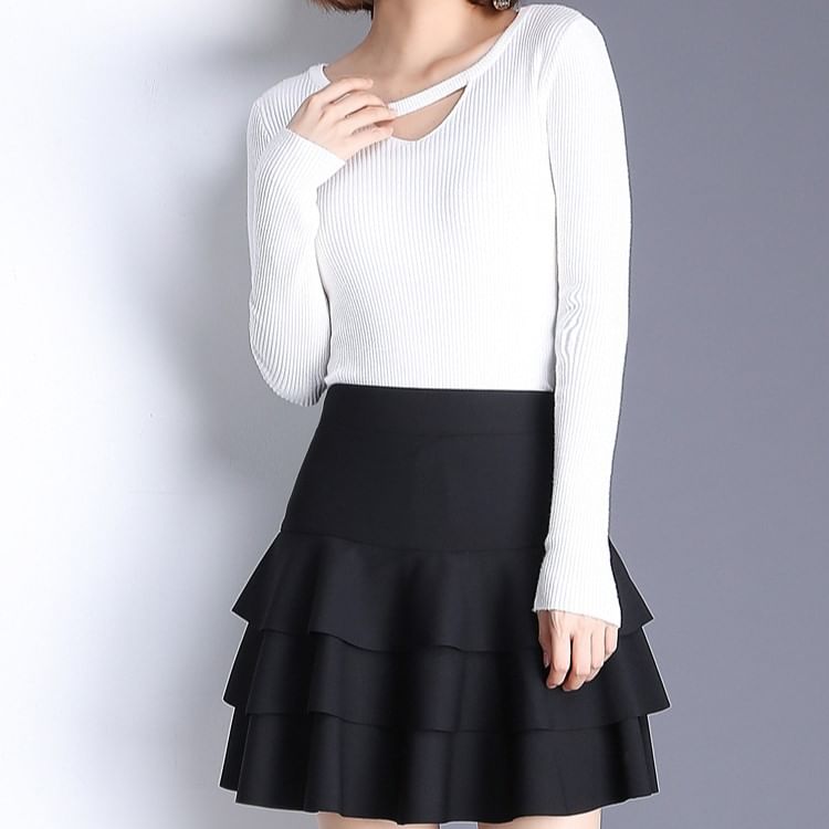 Elevated Waist Tiered Flared Mini Skirt