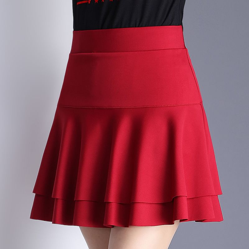 Elevated Waist Solid Tiered Flared Mini Skirt