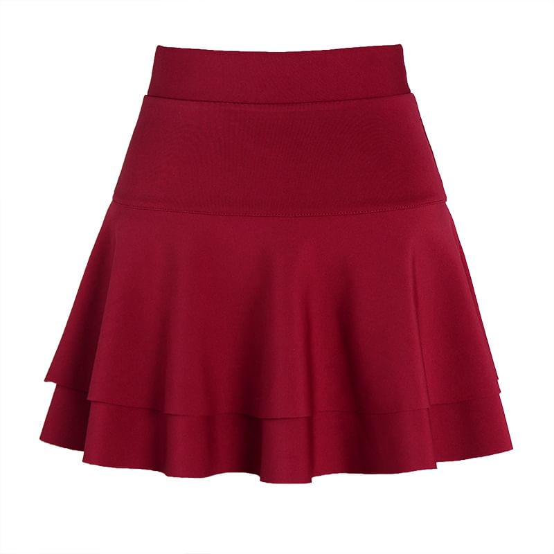 Elevated Waist Solid Tiered Flared Mini Skirt