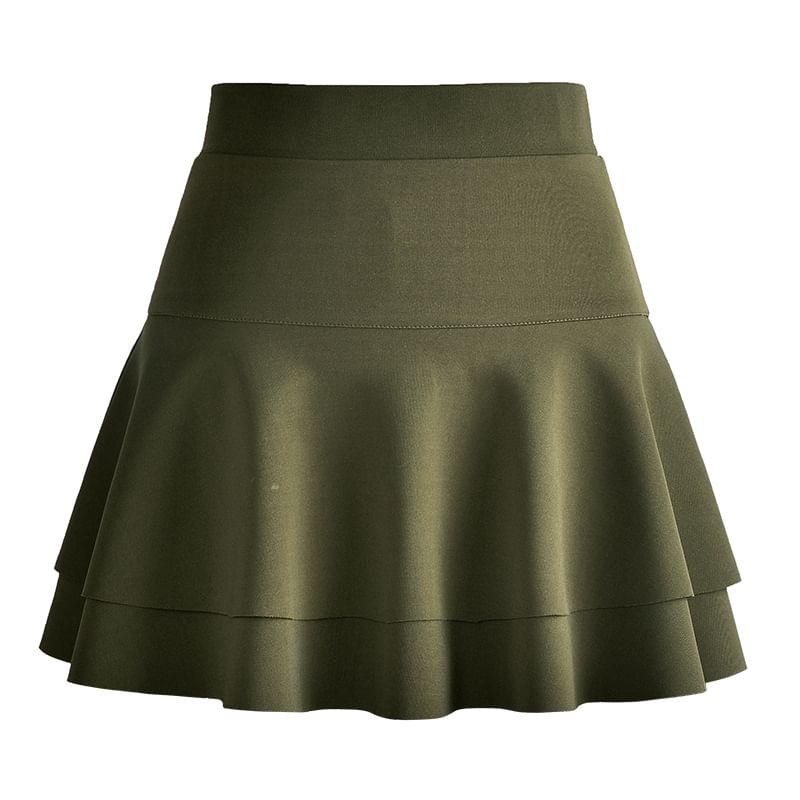 Elevated Waist Solid Tiered Flared Mini Skirt