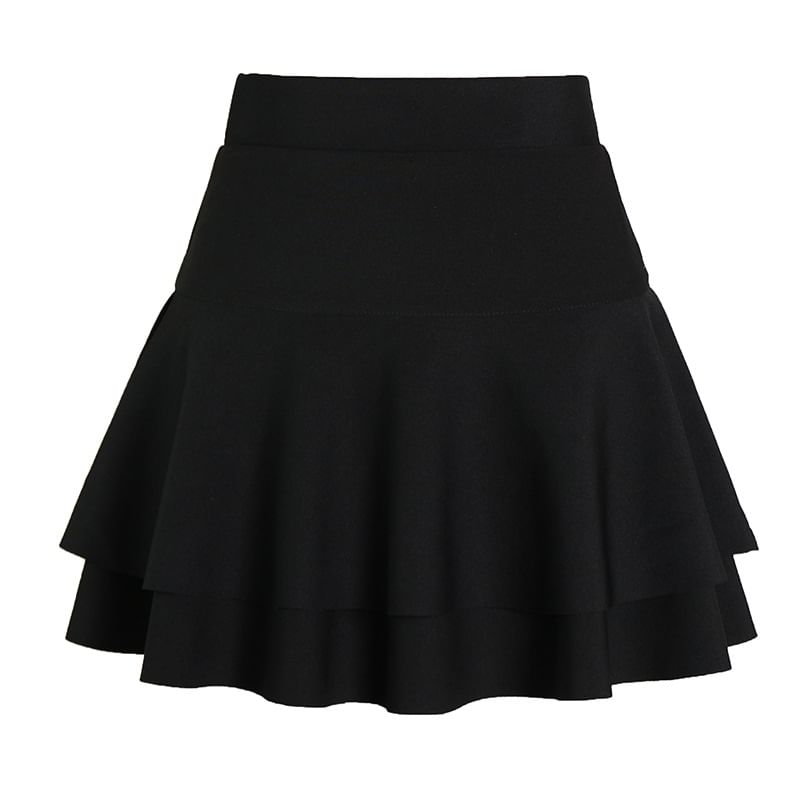 Elevated Waist Solid Tiered Flared Mini Skirt
