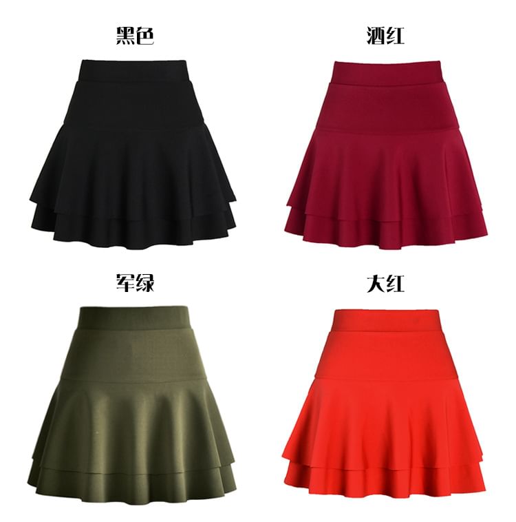 Elevated Waist Solid Tiered Flared Mini Skirt