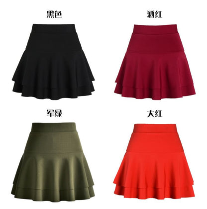 Elevated Waist Solid Tiered Flared Mini Skirt