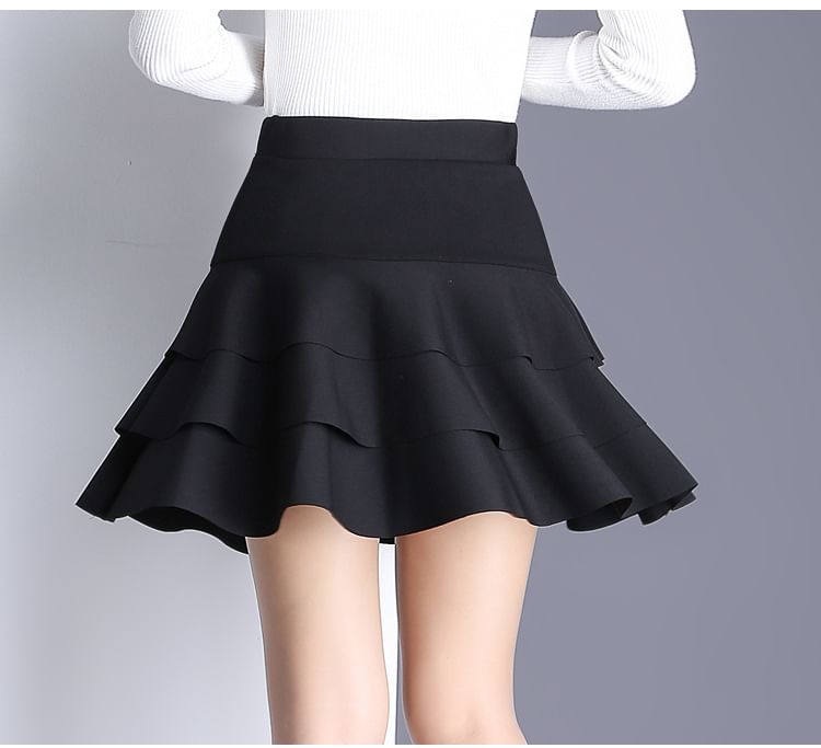 Elevated Waist Solid Tiered Flared Mini Skirt