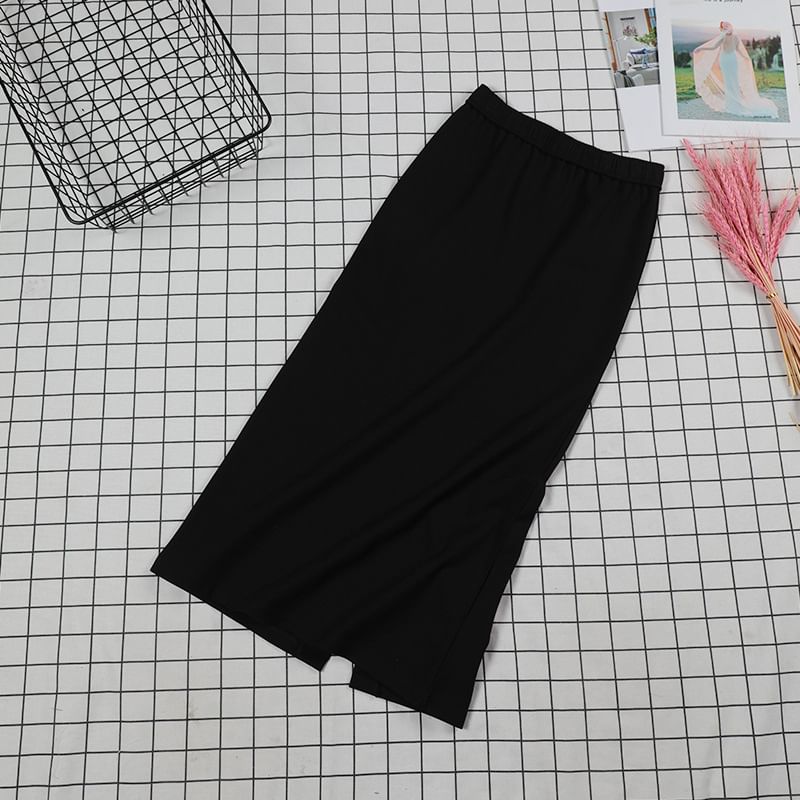 Stretch Waist Slit Midi Pencil Skirt