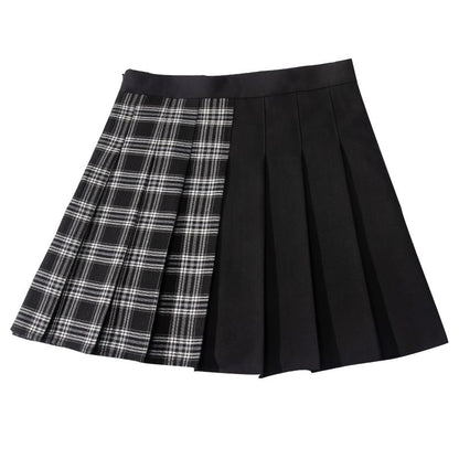 Elevated Waist Checkered Panel Pleated Flared Mini Skirt