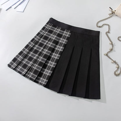 Elevated Waist Checkered Panel Pleated Flared Mini Skirt