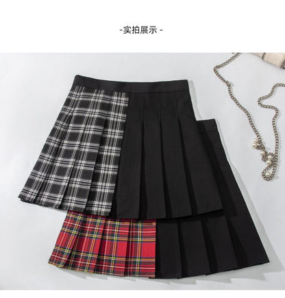 Elevated Waist Checkered Panel Pleated Flared Mini Skirt