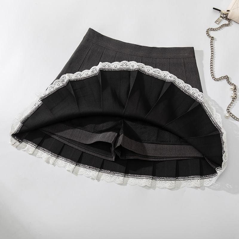 Pleated Mini Skirt with Lace Trim - High Rise A-Line