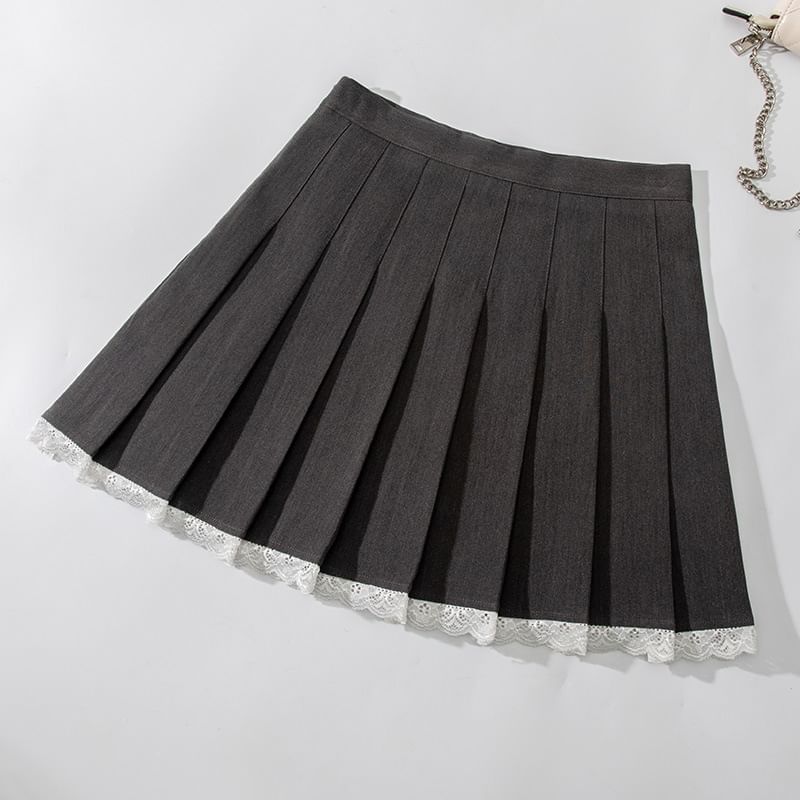Pleated Mini Skirt with Lace Trim - High Rise A-Line