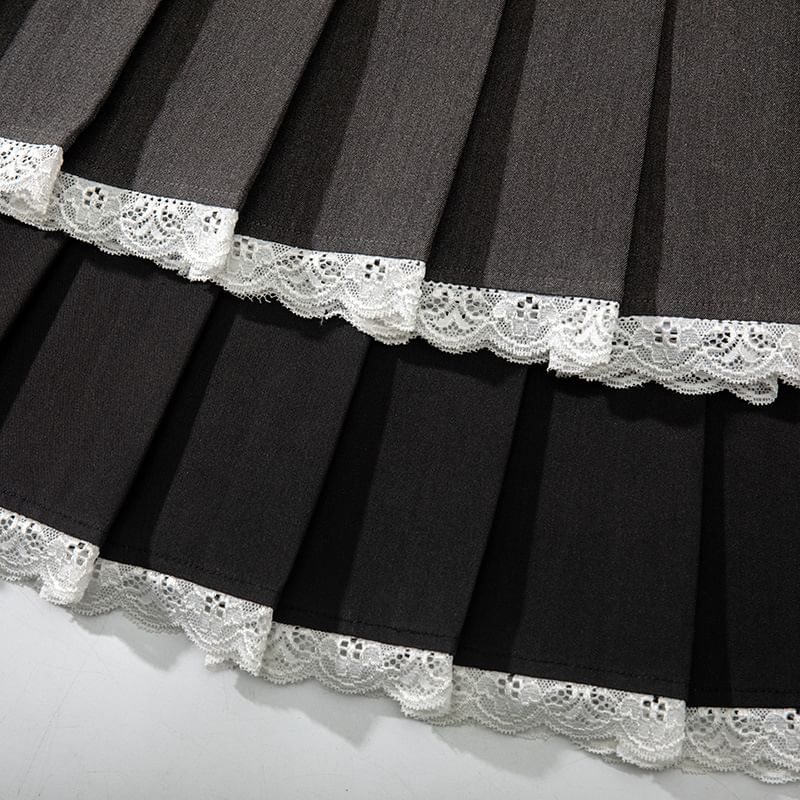 Pleated Mini Skirt with Lace Trim - High Rise A-Line