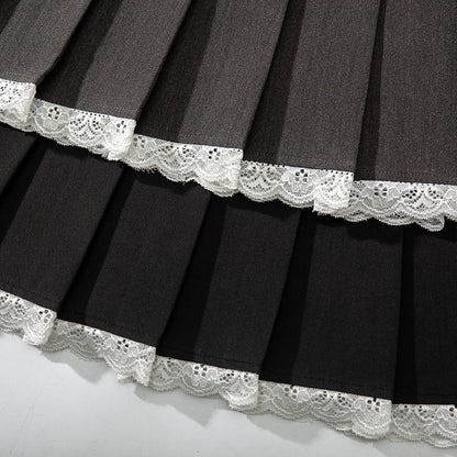 Pleated Mini Skirt with Lace Trim - High Rise A-Line