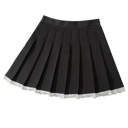 Pleated Mini Skirt with Lace Trim - High Rise A-Line