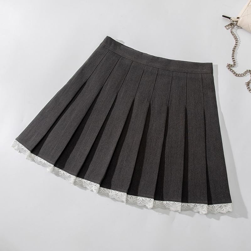 Pleated Mini Skirt with Lace Trim - High Rise A-Line