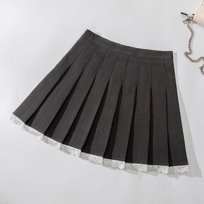 Pleated Mini Skirt with Lace Trim - High Rise A-Line