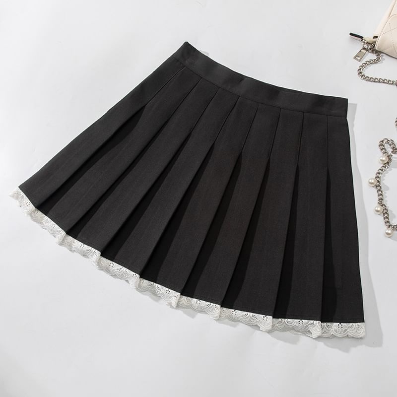 Pleated Mini Skirt with Lace Trim - High Rise A-Line