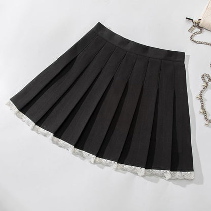 Pleated Mini Skirt with Lace Trim - High Rise A-Line