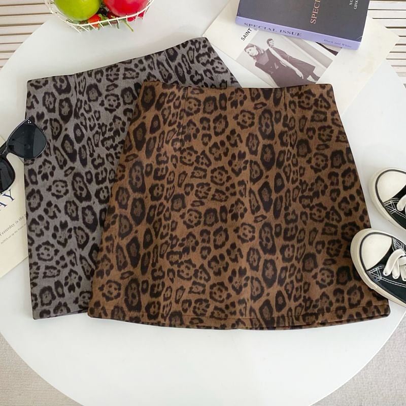High Rise Leopard Print Flared Mini Skirt
