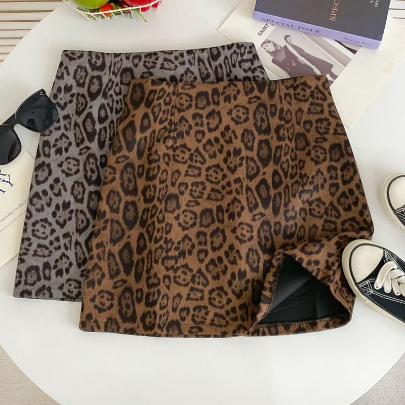 High Rise Leopard Print Flared Mini Skirt