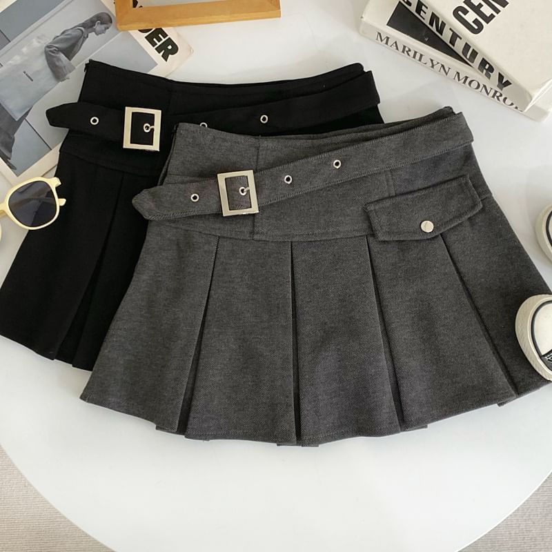 High-Rise Buckled Solid Mini Pleated Skirt