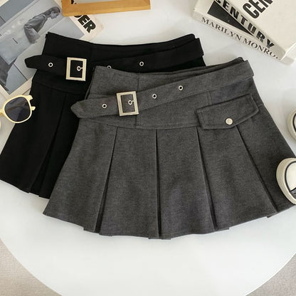 High-Rise Buckled Solid Mini Pleated Skirt