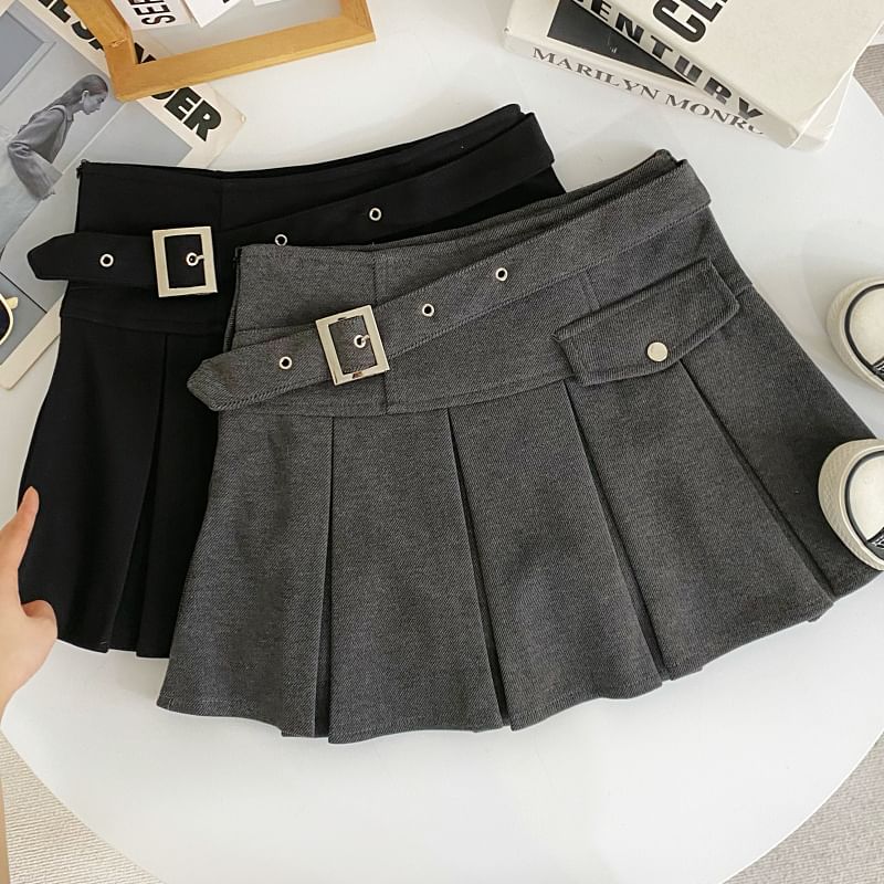 High-Rise Buckled Solid Mini Pleated Skirt