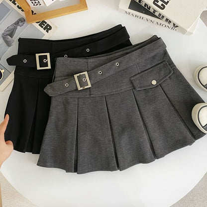 High-Rise Buckled Solid Mini Pleated Skirt