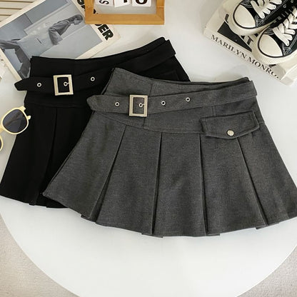 High-Rise Buckled Solid Mini Pleated Skirt