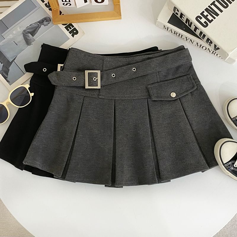 High-Rise Buckled Solid Mini Pleated Skirt