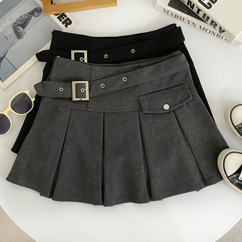 High-Rise Buckled Solid Mini Pleated Skirt