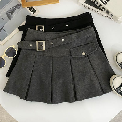 High-Rise Buckled Solid Mini Pleated Skirt