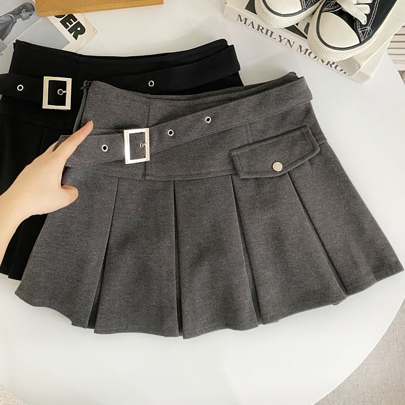 High-Rise Buckled Solid Mini Pleated Skirt