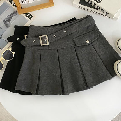 High-Rise Buckled Solid Mini Pleated Skirt