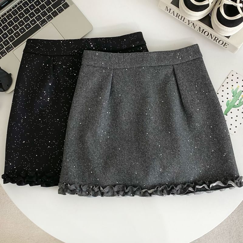 Elevated Waist Lace Trim Glitter Flared Mini Skirt