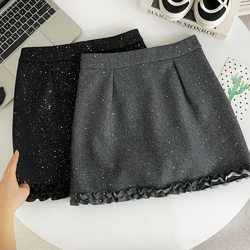Elevated Waist Lace Trim Glitter Flared Mini Skirt