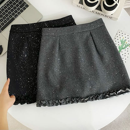 Elevated Waist Lace Trim Glitter Flared Mini Skirt