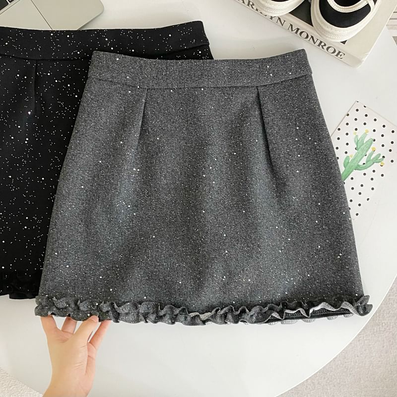 Elevated Waist Lace Trim Glitter Flared Mini Skirt