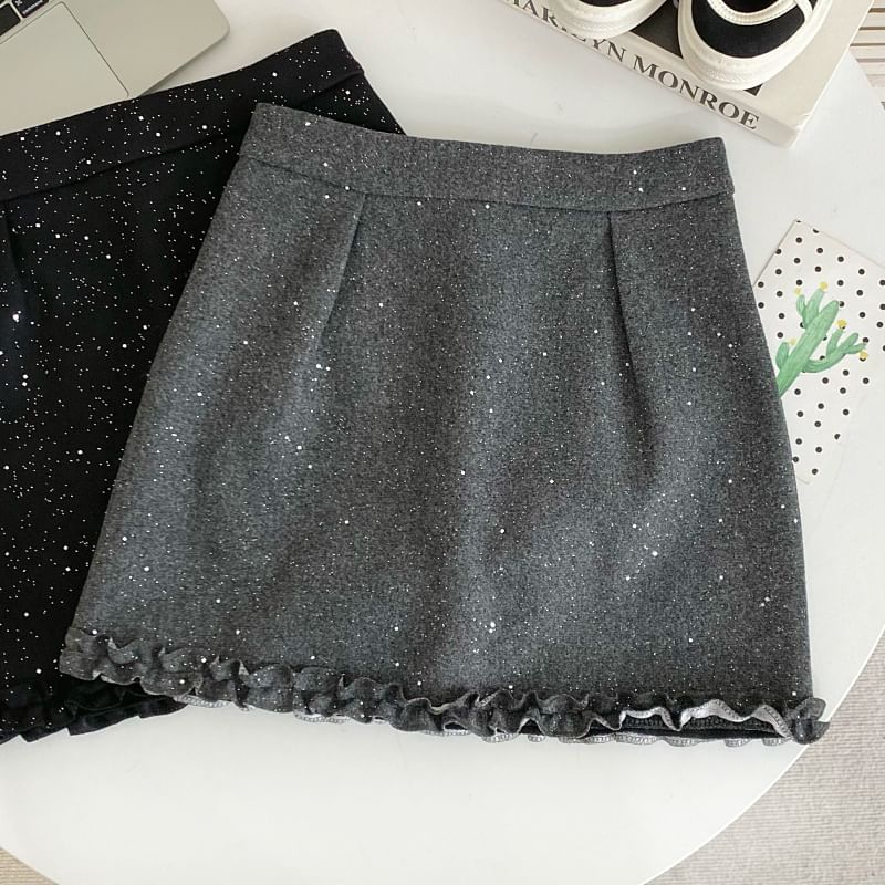 Elevated Waist Lace Trim Glitter Flared Mini Skirt