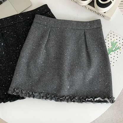 Elevated Waist Lace Trim Glitter Flared Mini Skirt