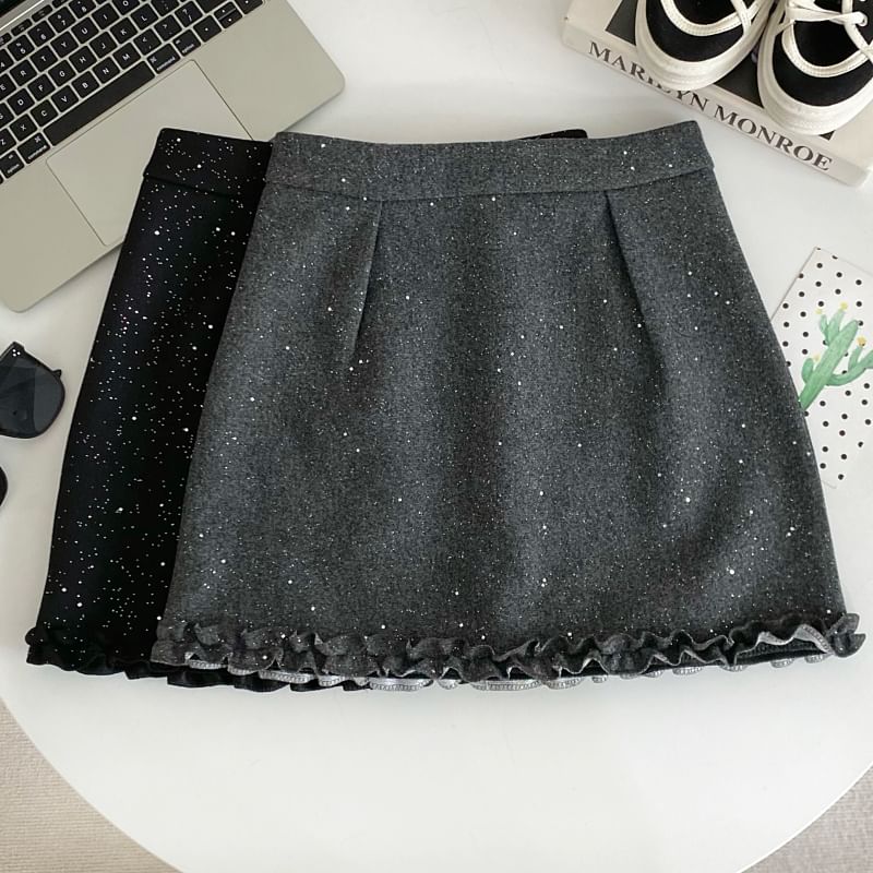 Elevated Waist Lace Trim Glitter Flared Mini Skirt