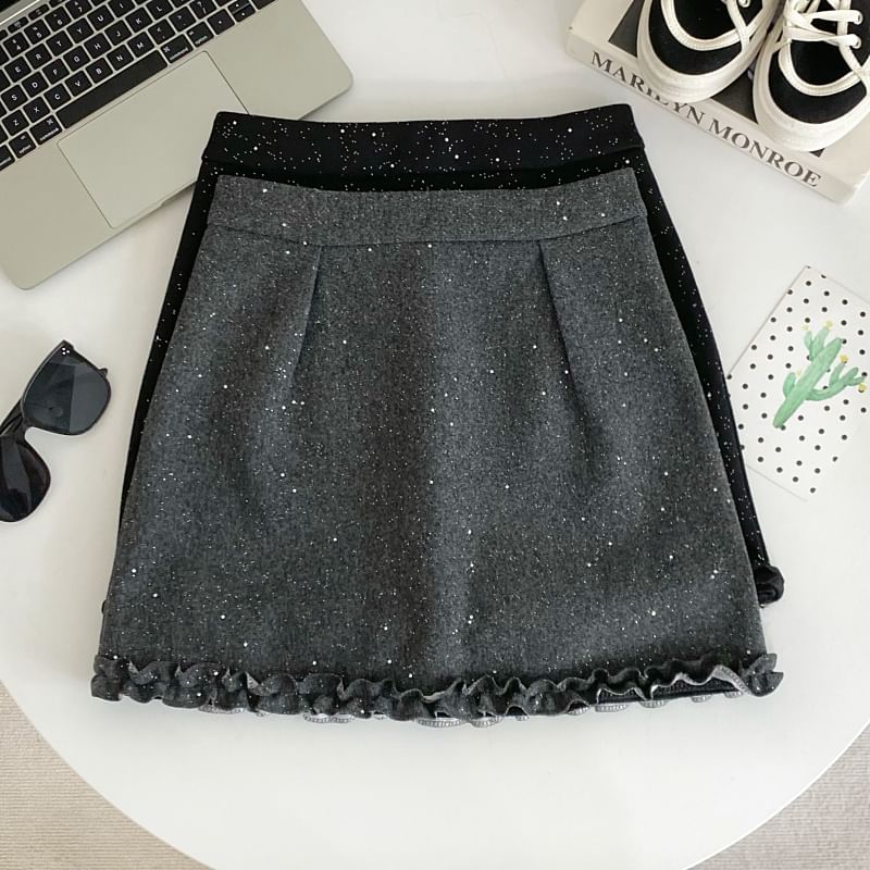 Elevated Waist Lace Trim Glitter Flared Mini Skirt