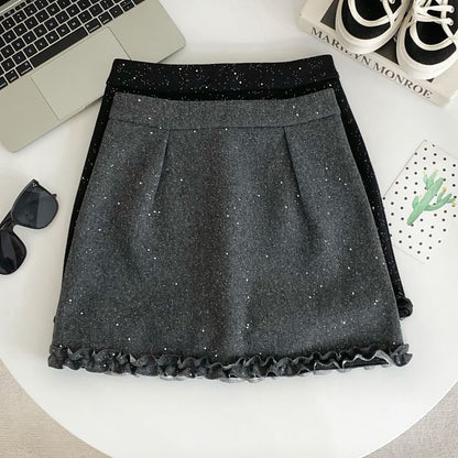 Elevated Waist Lace Trim Glitter Flared Mini Skirt