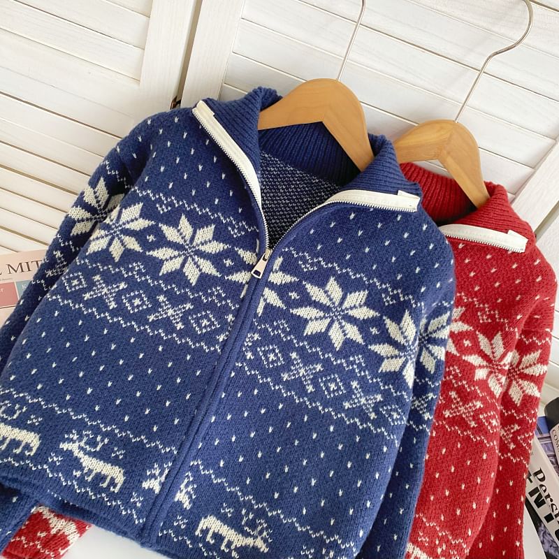 Jacquard Zip-Up Sweater Jacket