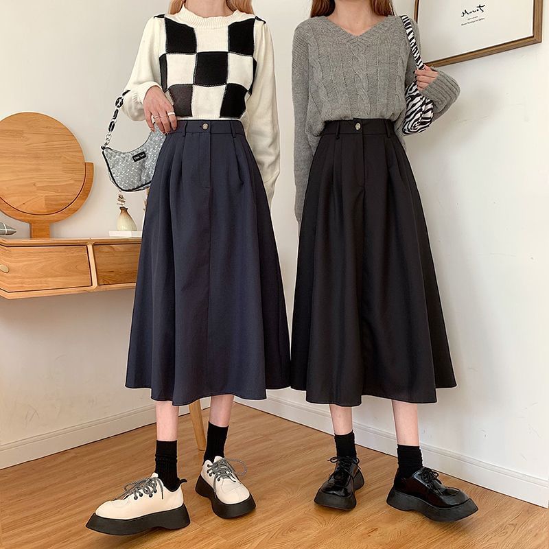 Elevated Waist Solid Midi Flared Skirt