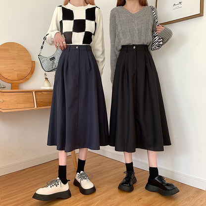 Elevated Waist Solid Midi Flared Skirt