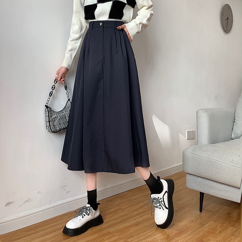 Elevated Waist Solid Midi Flared Skirt