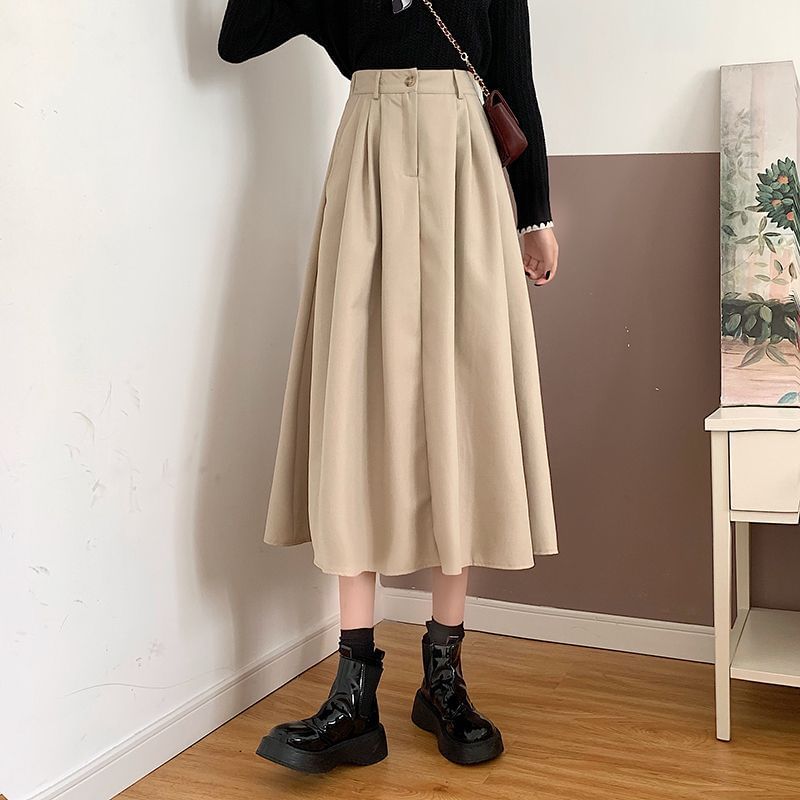 Elevated Waist Solid Midi Flared Skirt