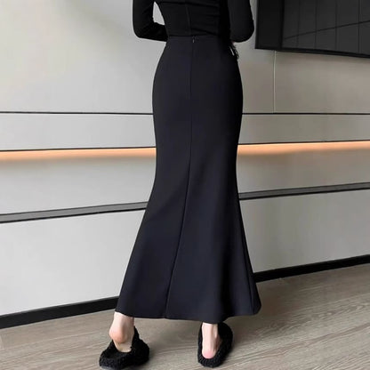 High-Rise Solid Mermaid Hem Midi Skirt