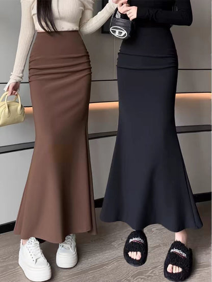 High-Rise Solid Mermaid Hem Midi Skirt