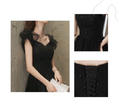 Ruffle Strap Sweetheart-Neckline Glitter A-Line Evening Gown